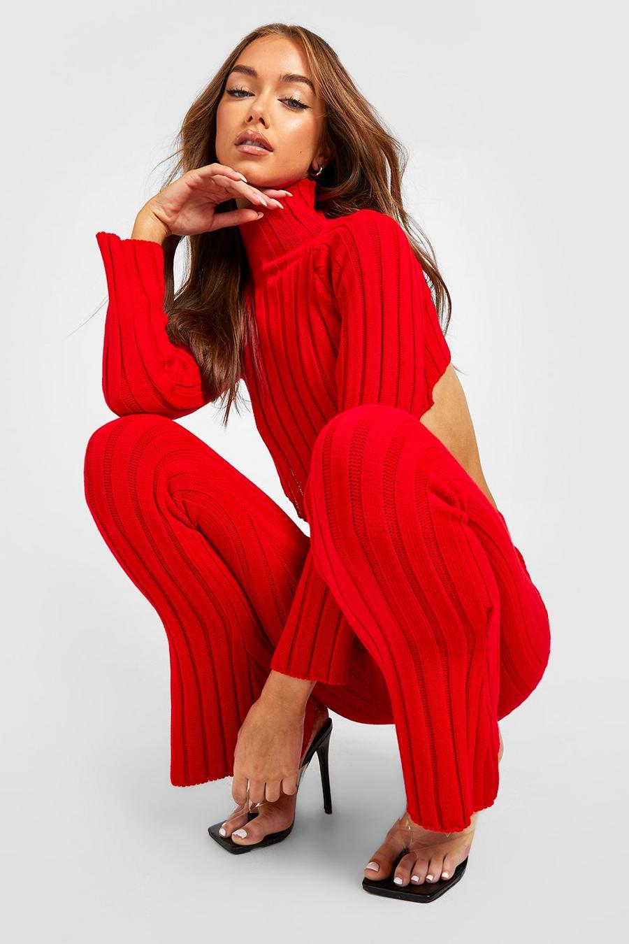 Ensemble en maille avec crop top asymétrique et pantalon flare, Red image number 1