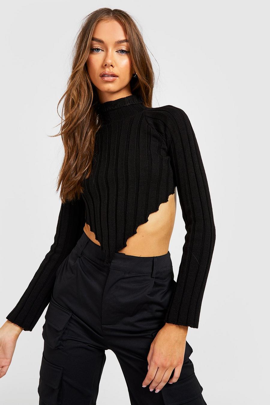 Black High Neck Wide Rib Knit Corset Sweater image number 1