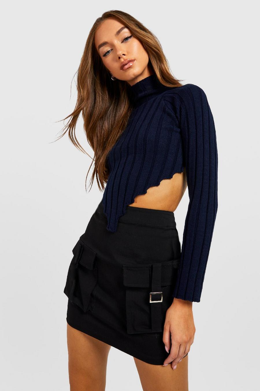 Navy High Neck Wide Rib Knit Corset Sweater