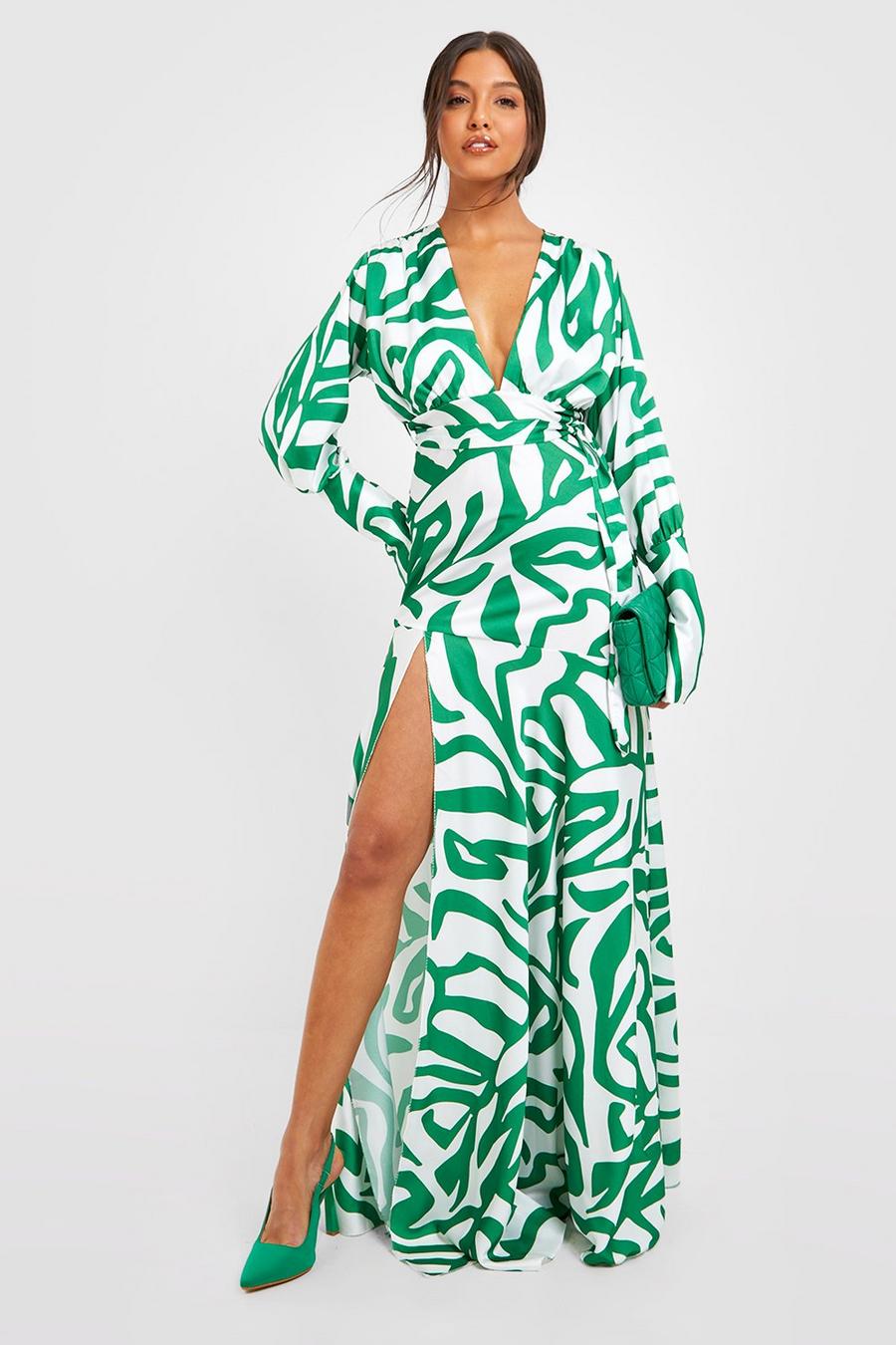 Green Printed Satin Side Split Belted Maxi Dress