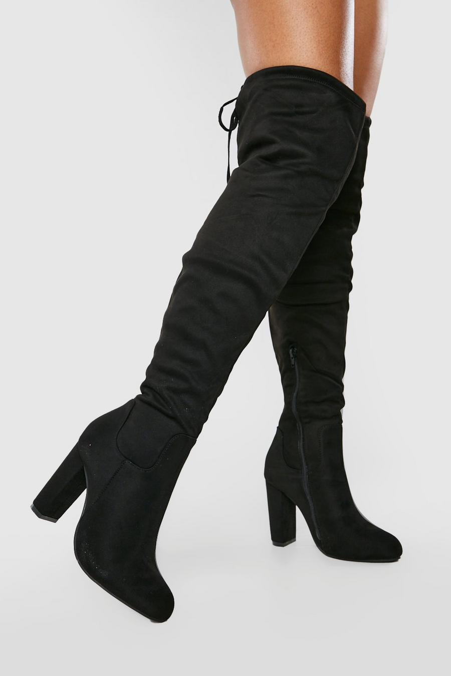 Black Over The Knee Tie Back Padded Boots