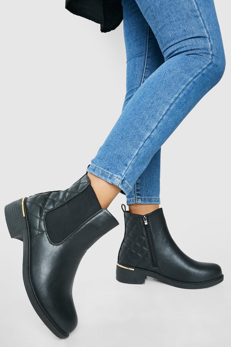 Black noir Brede Gewatteerd Met Stiksels Detail Chelsea Boots