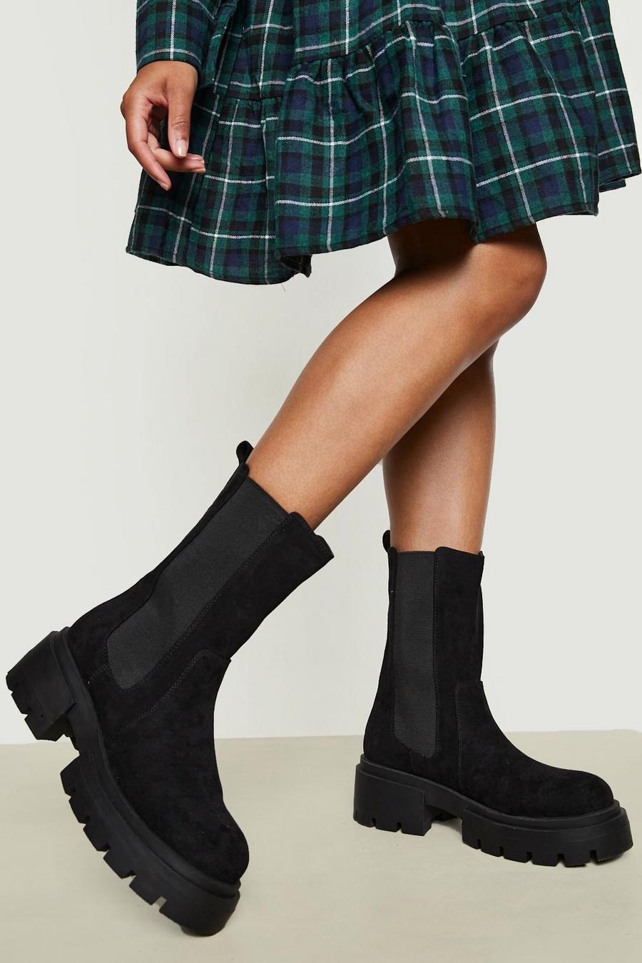 Black noir Wide Fit Calf High Chunky Chelsea Boots