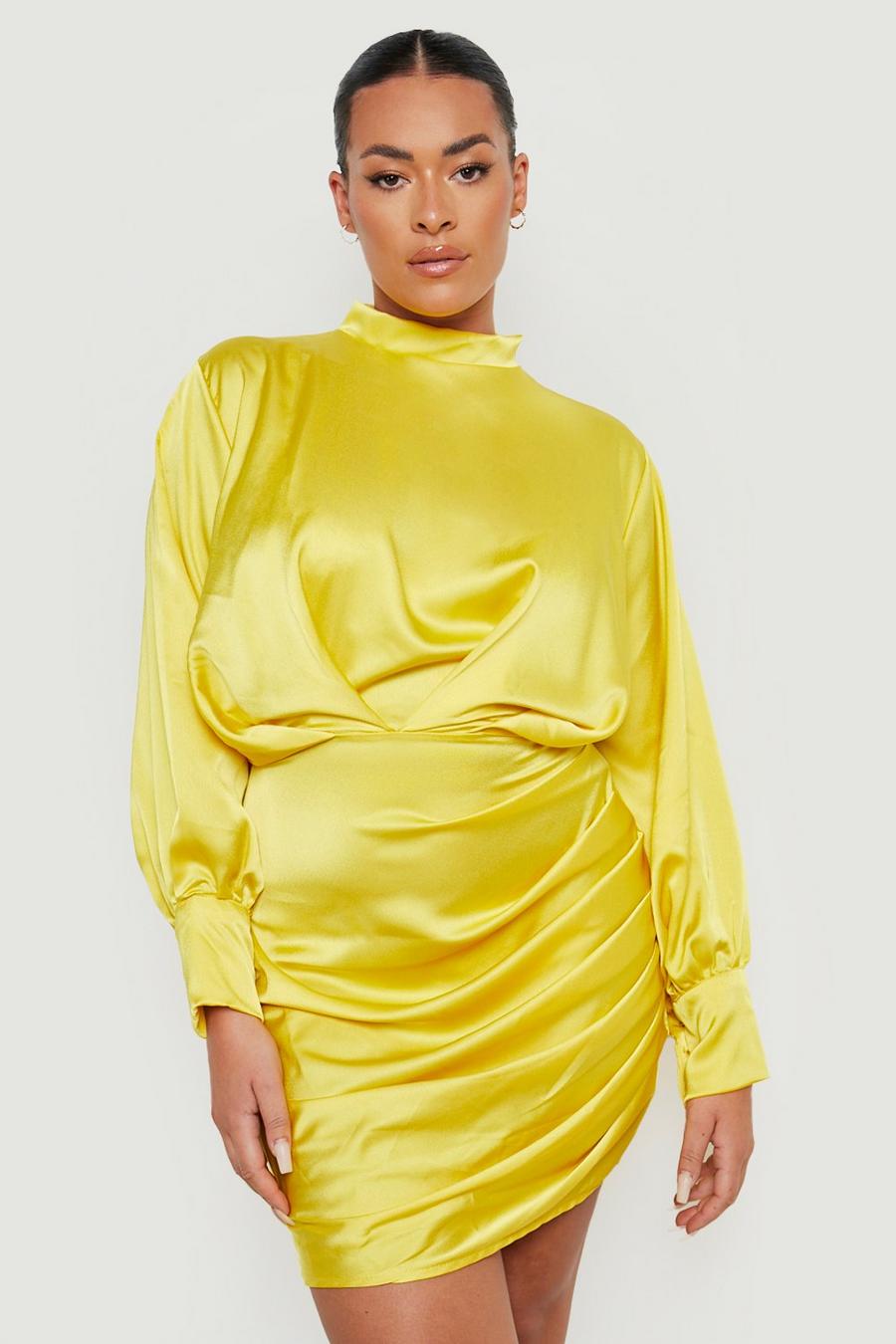 Vestito Plus Size a collo alto con bottoni, polsini e ruches, Golden beige