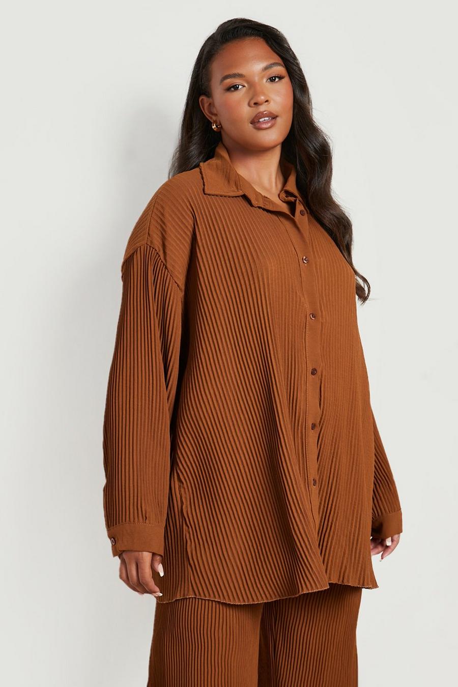 Camisa Plus oversize plisada, Chocolate marrón