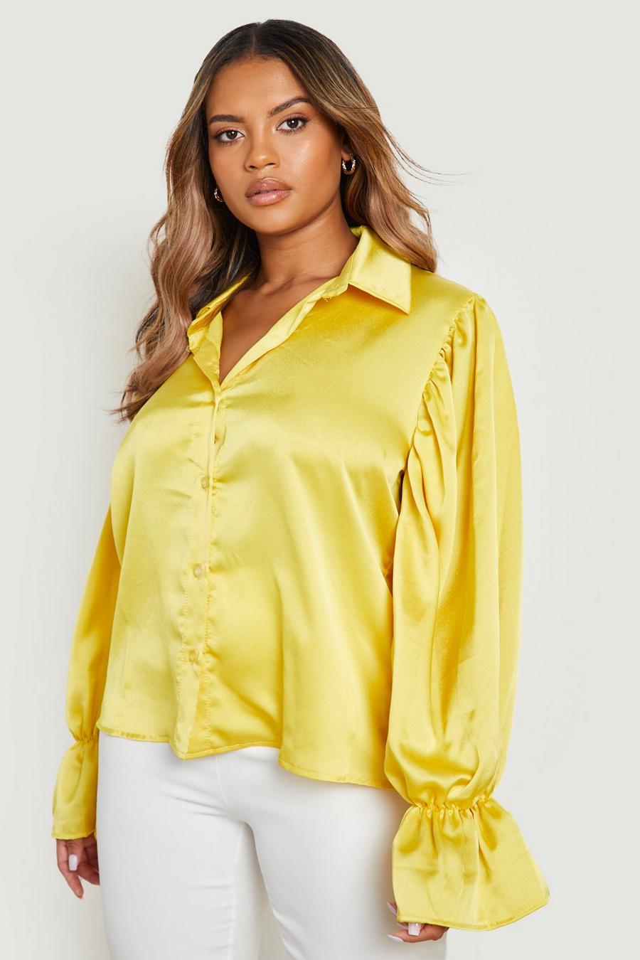 Golden beige Plus Flare Cuff Satin Shirt 