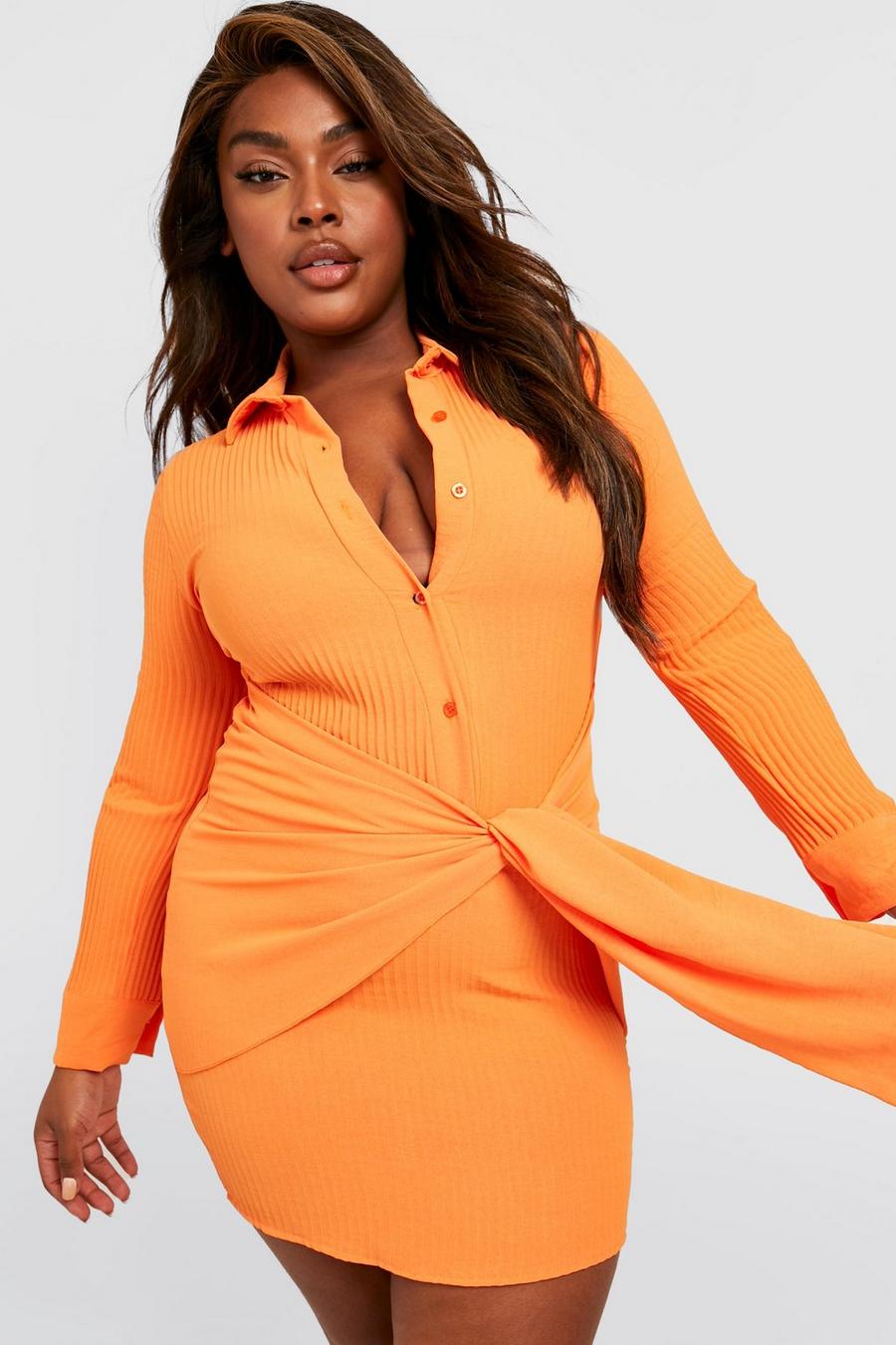 Orange Plus Plisse Belted Front Shirt Dress