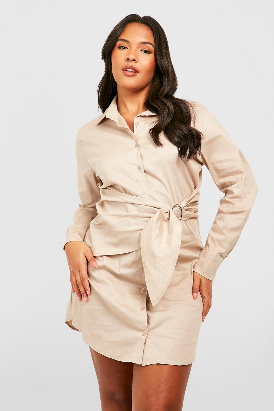 Stone beige Plus O Ring Belted Shirt Dress