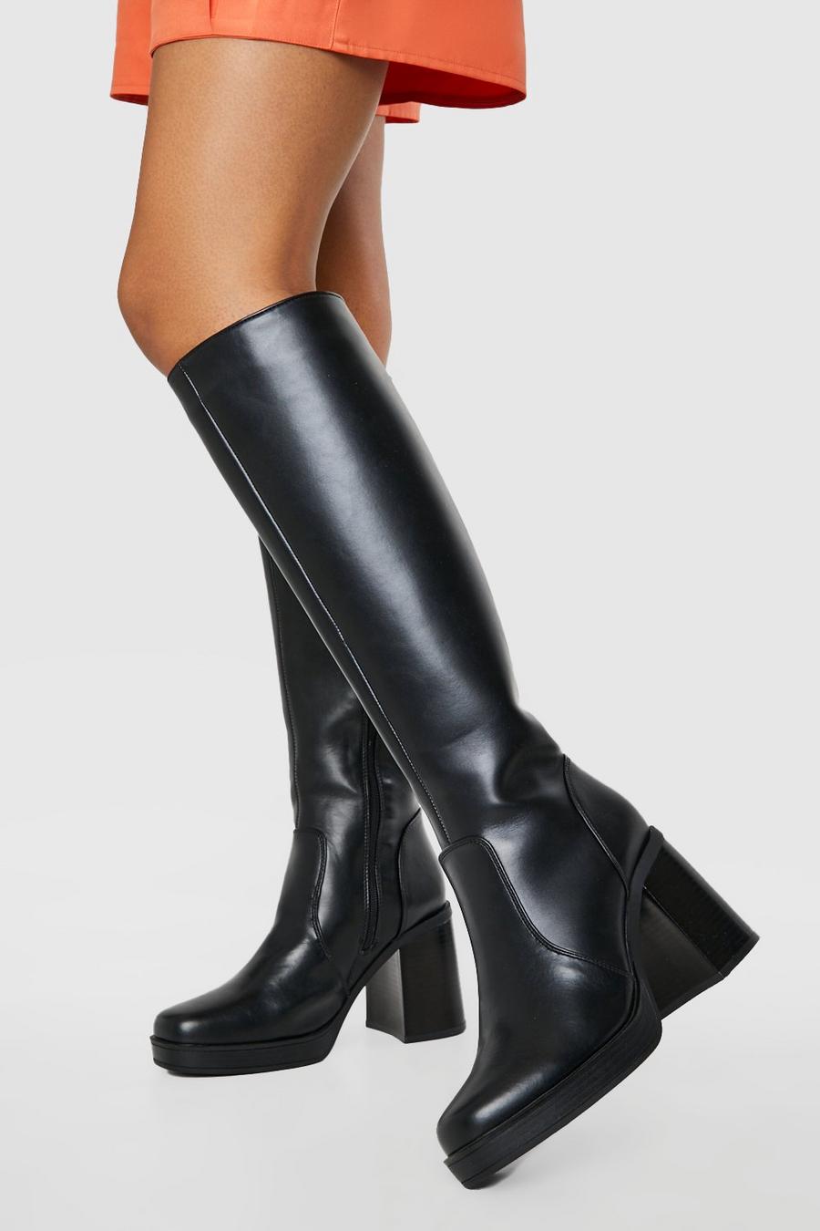 Black noir Knee High Platform Block Heel Boots