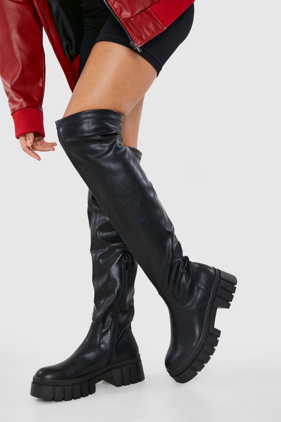 Black schwarz Over The Knee Chunky Sole  Boots
