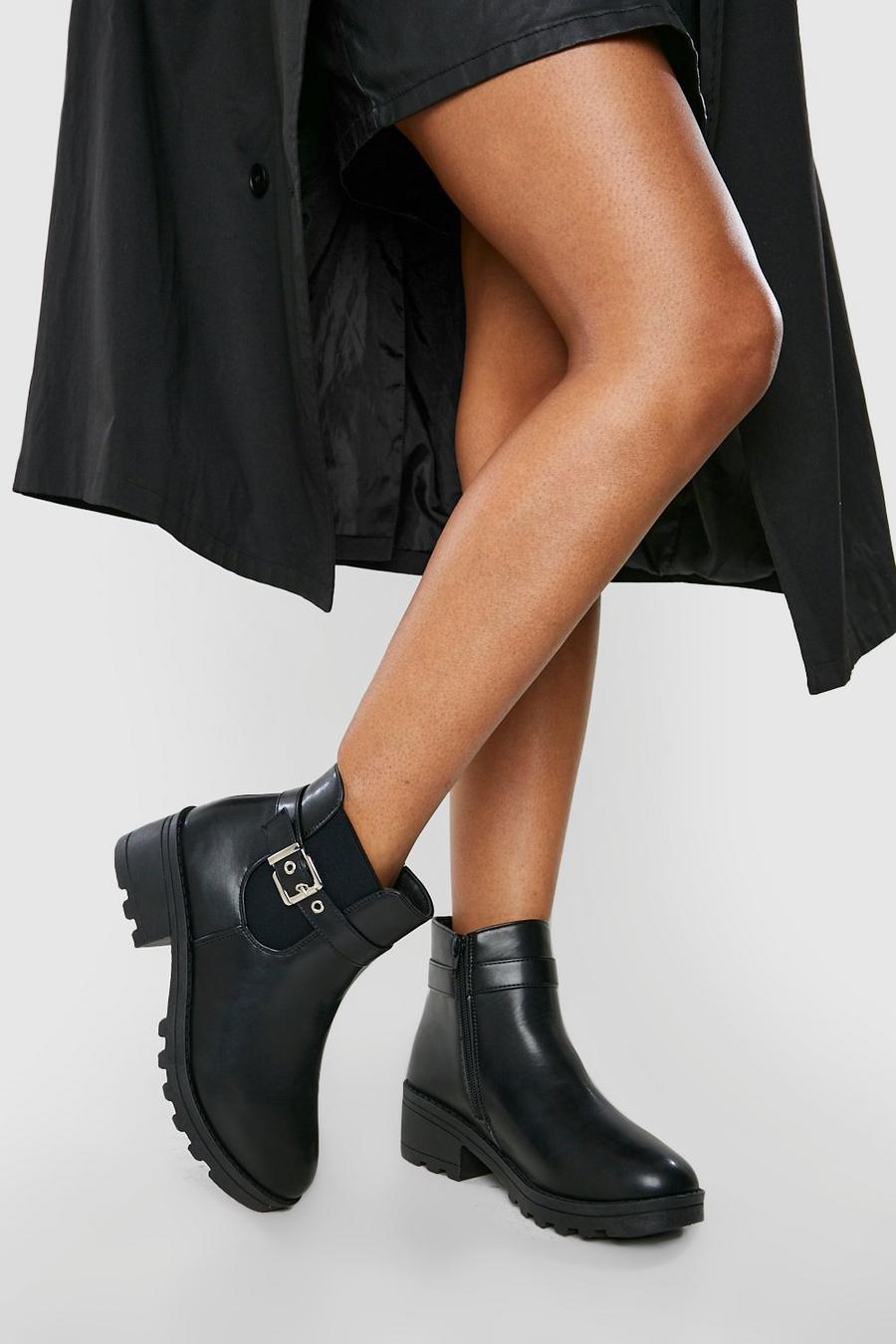 Black negro Wide Fit Block Heel Side Buckle Chelsea Boots