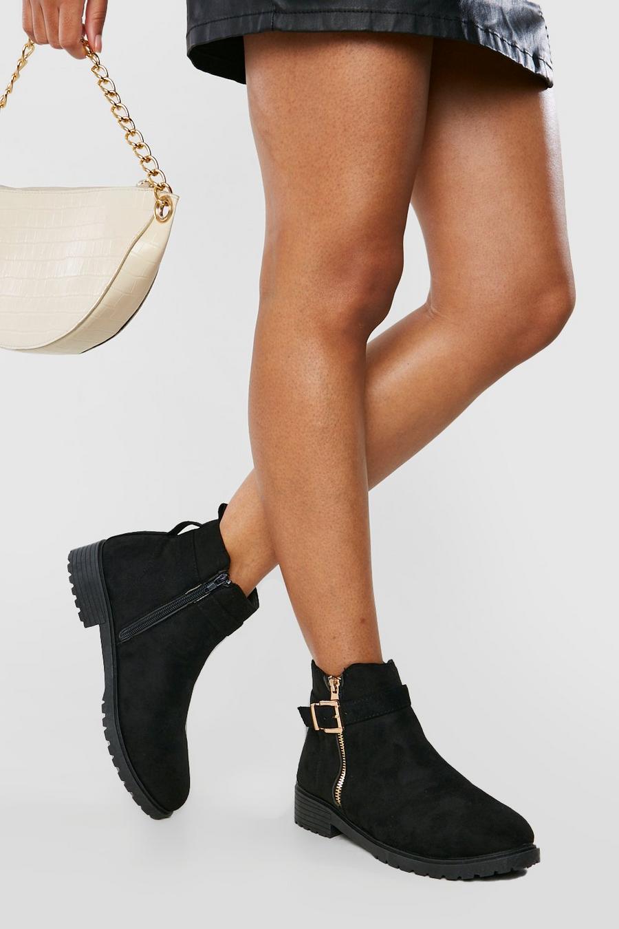 Black noir Wide Fit Side Buckle And Zip Boots