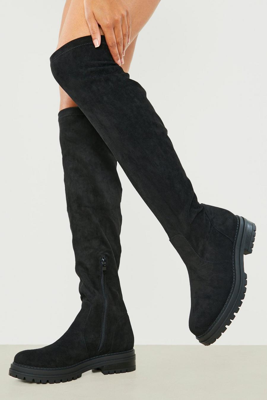 Black noir Knee High Chunky Sole Boots