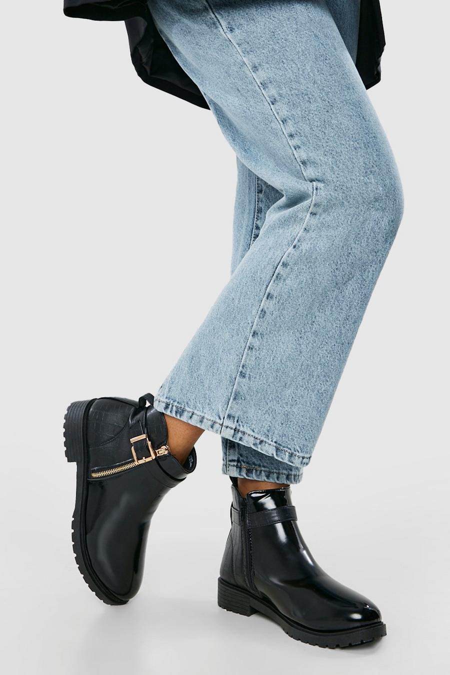 Black Side Buckle And Zip Chelsea Boots image number 1