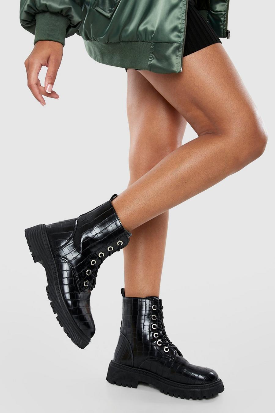 Black croc Lace Up Chunky Croc Hiker Boots image number 1