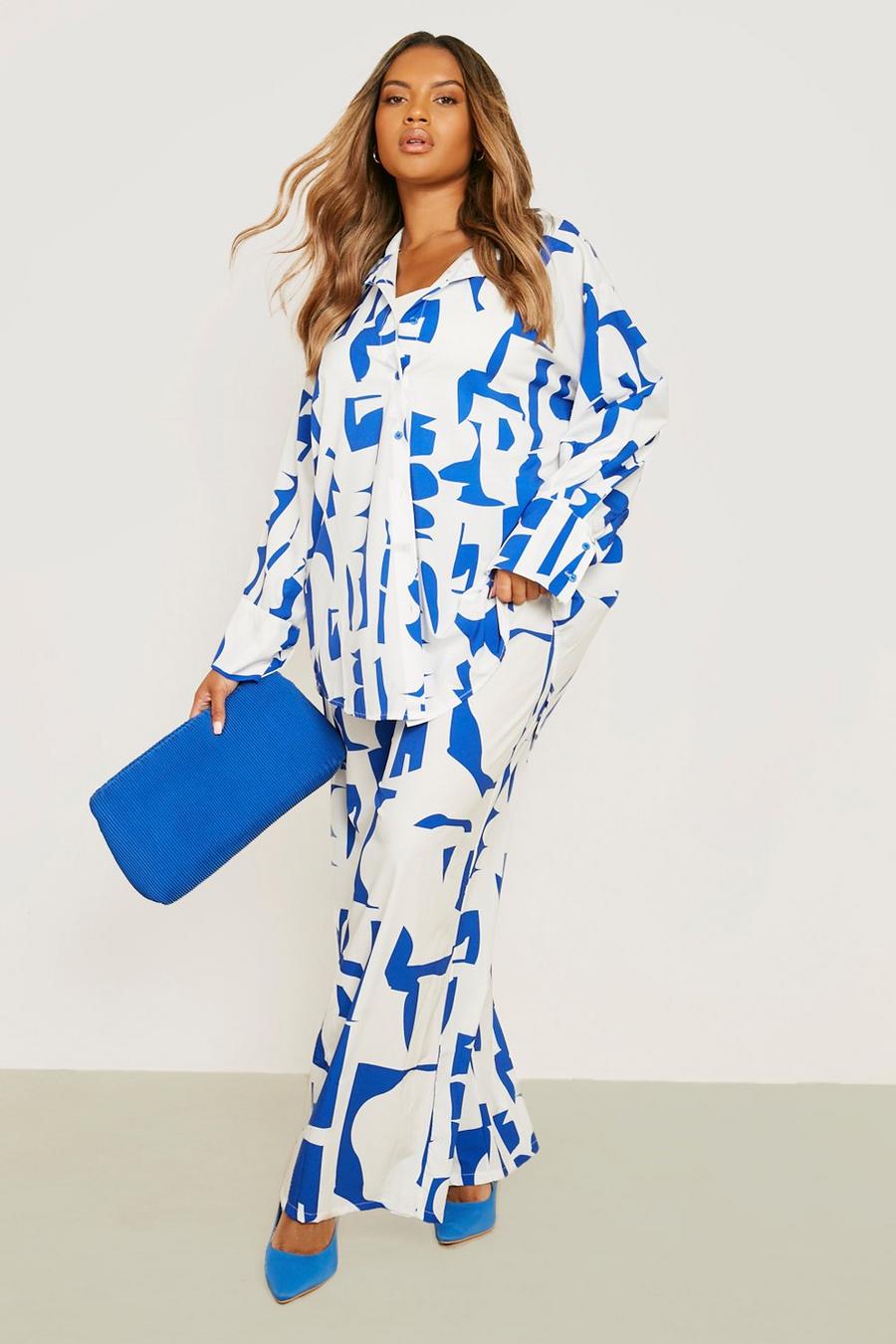 Blue Plus Abstract Print Wide Leg Trousers
