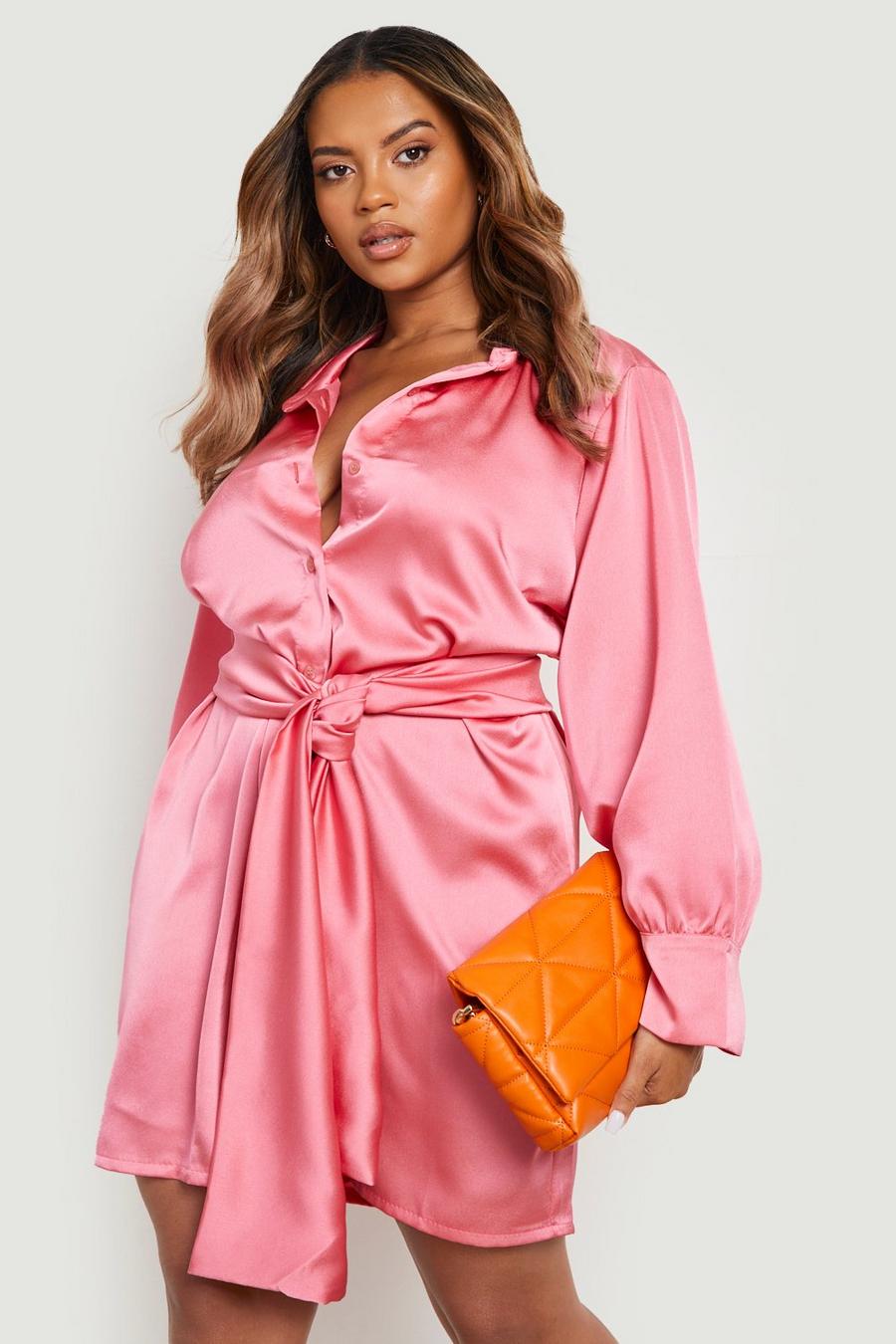 Grande taille - Robe chemise satinée à ceinture, Pink rose