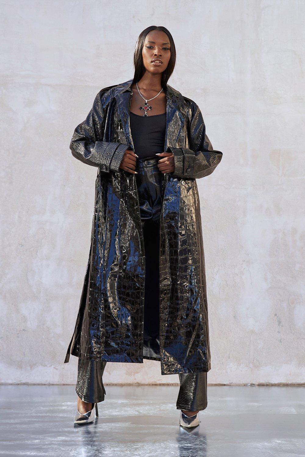 Faux Leather Croc Print Oversized Trench Coat