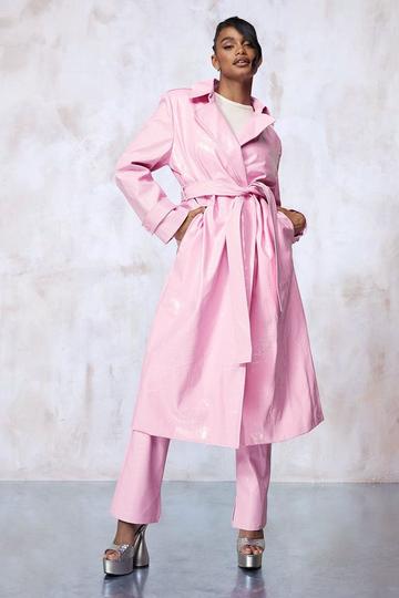 High Shine Faux Croc Trench Coat pink