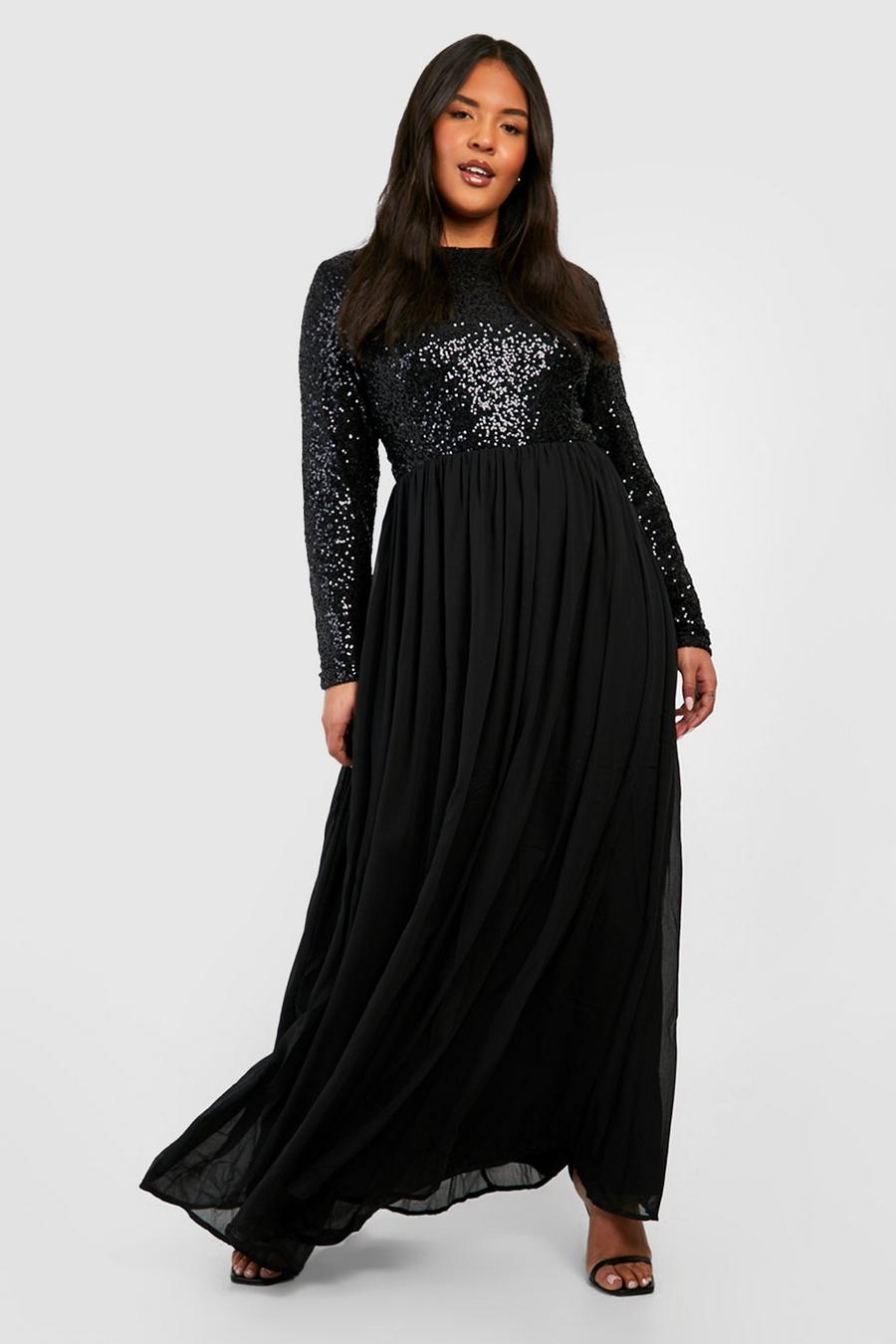 Black Plus Occasion Sequin Long Sleeve Maxi Dress image number 1