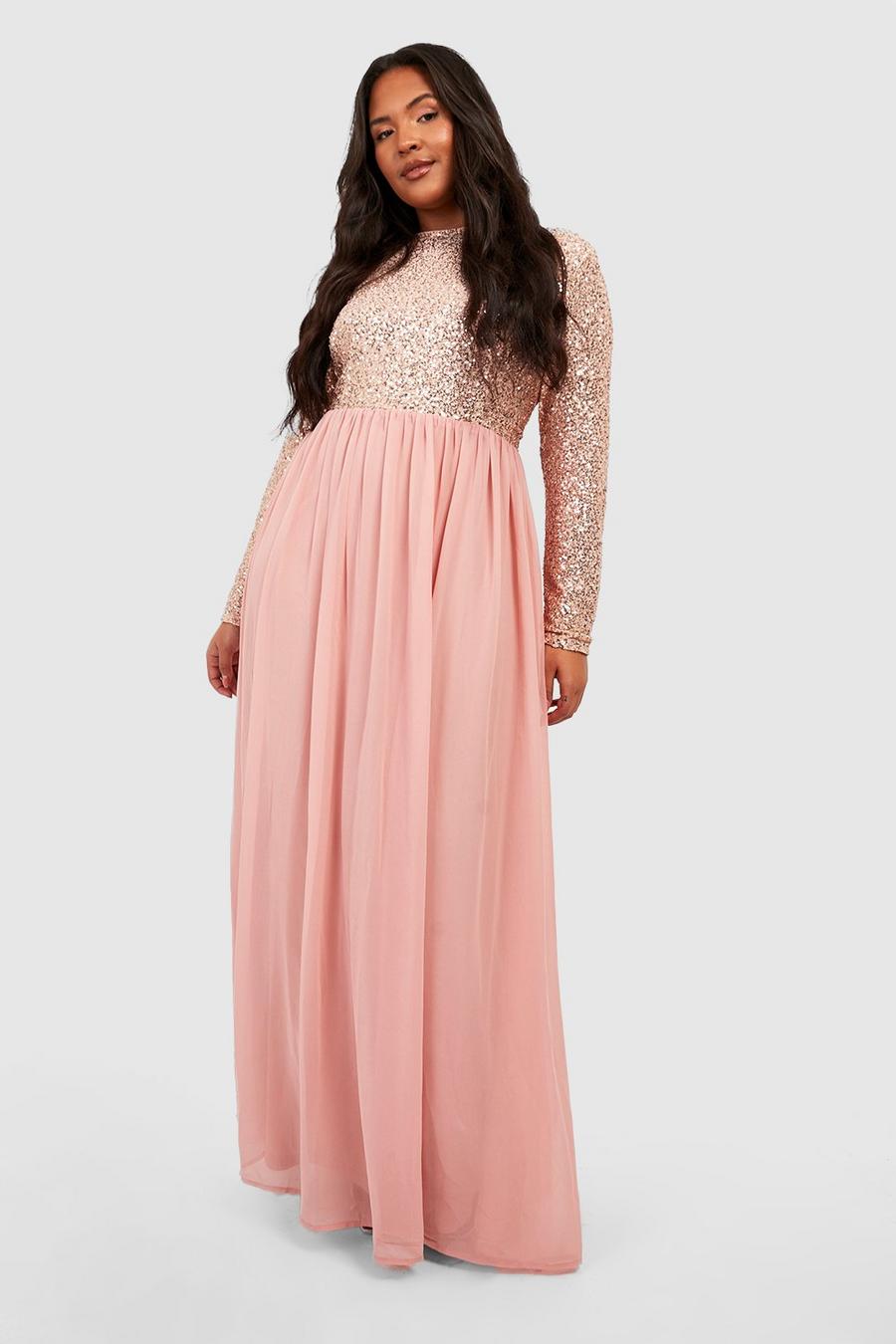 Blush rosa Plus Occasion Sequin Long Sleeve Maxi Dress