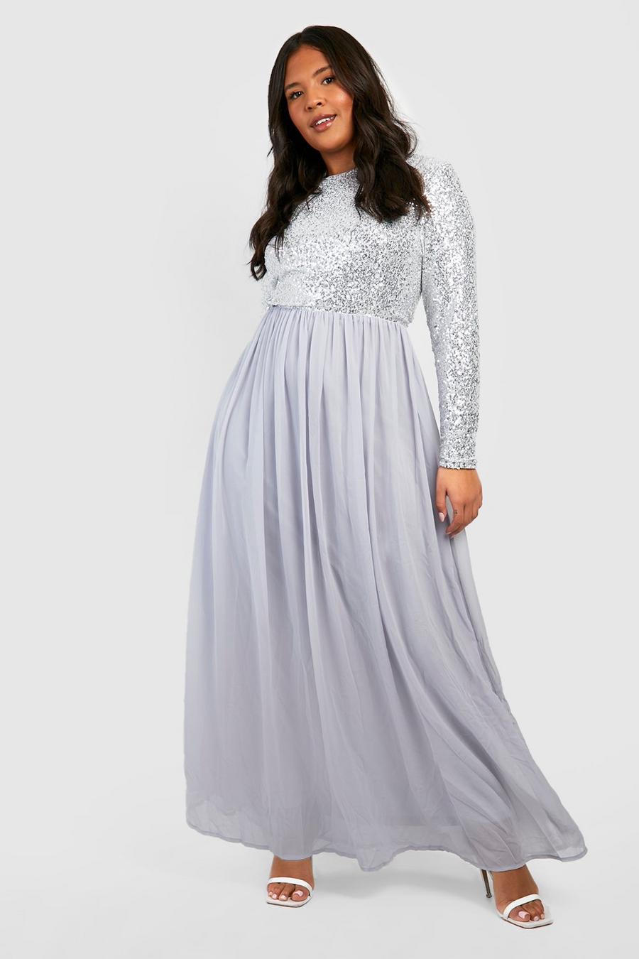 Silver Plus Occasion Sequin Long Sleeve Maxi Dress image number 1