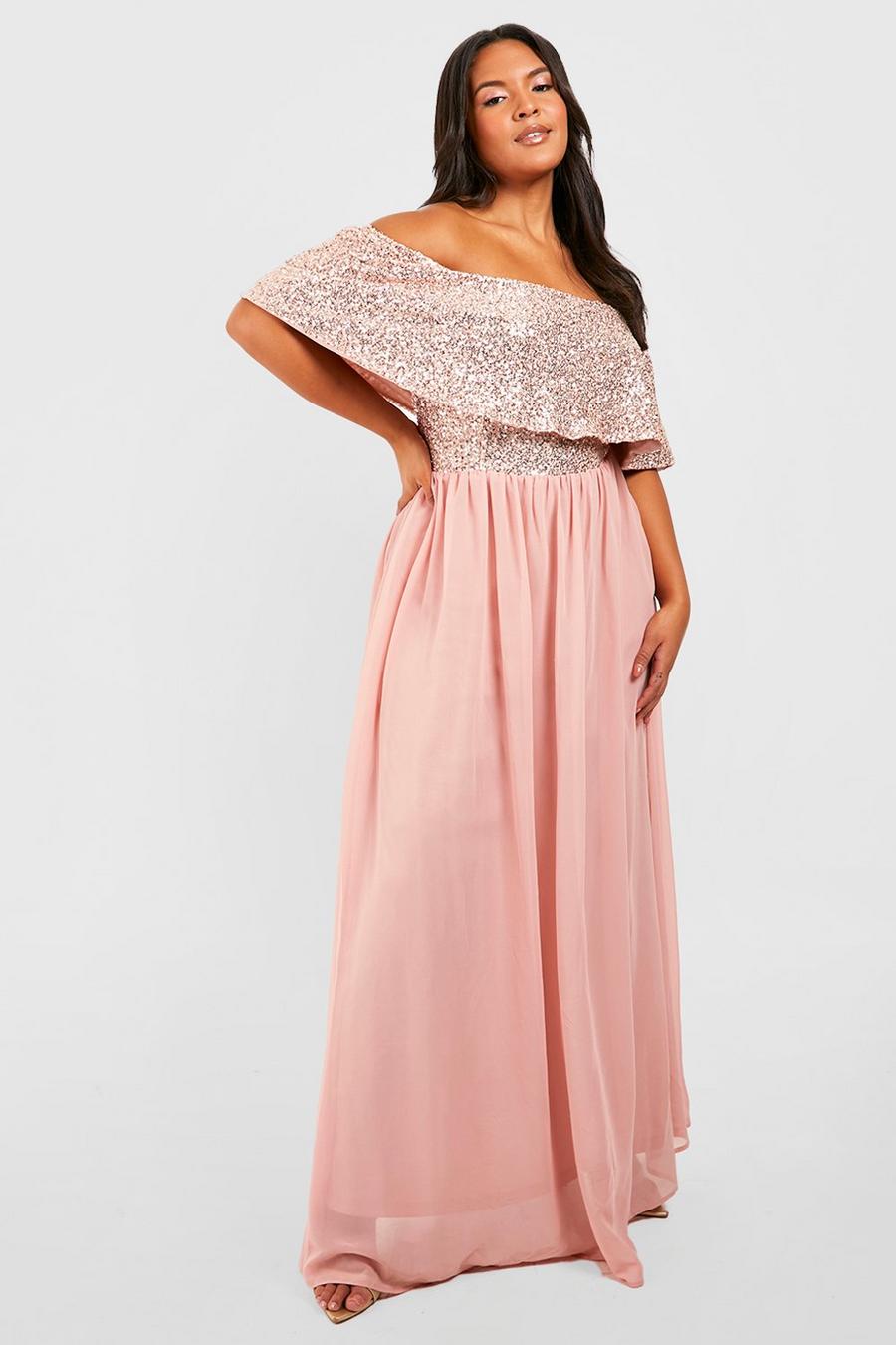 Blush pink Plus Occasion Sequin Off Shoulder Maxi Dress image number 1