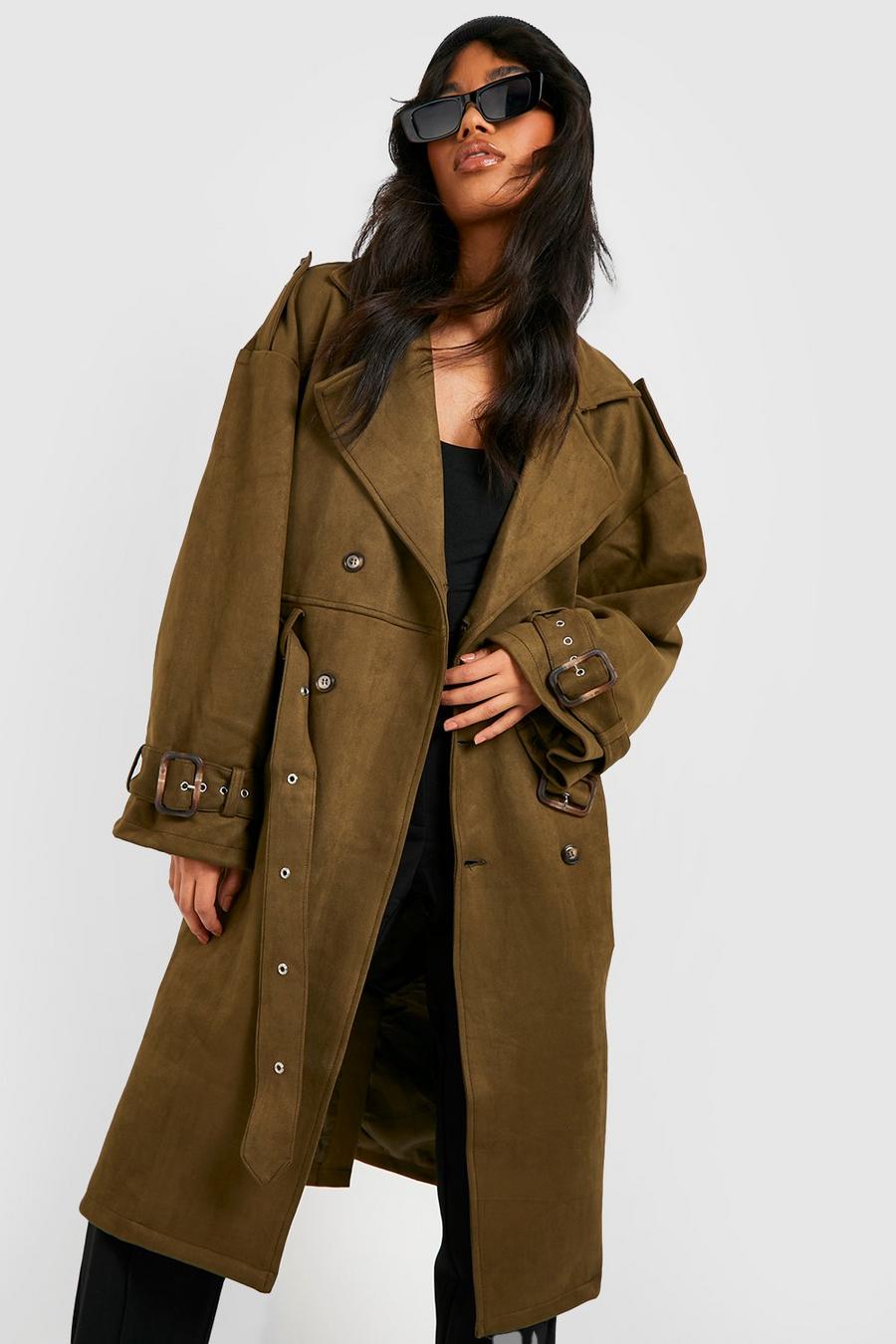 Khaki Super Oversized Faux Suede Trench Coat image number 1