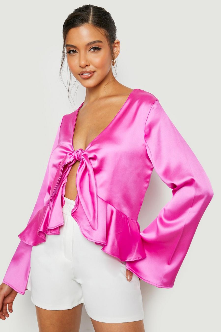 Blusa de raso con atadura frontal y volante, Pink image number 1