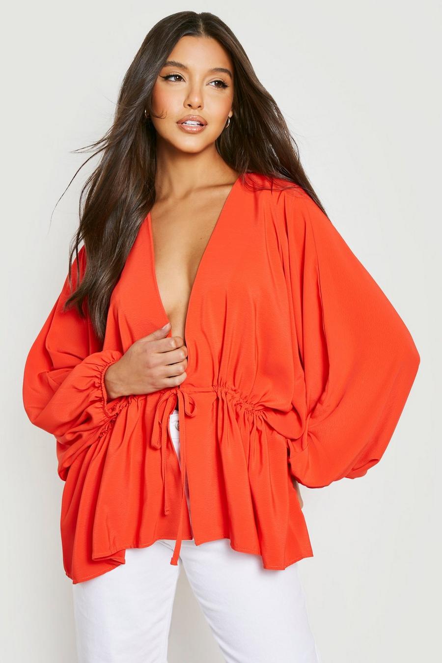 Red Plunge  Front Tie Waist Baloon Sleeve Top