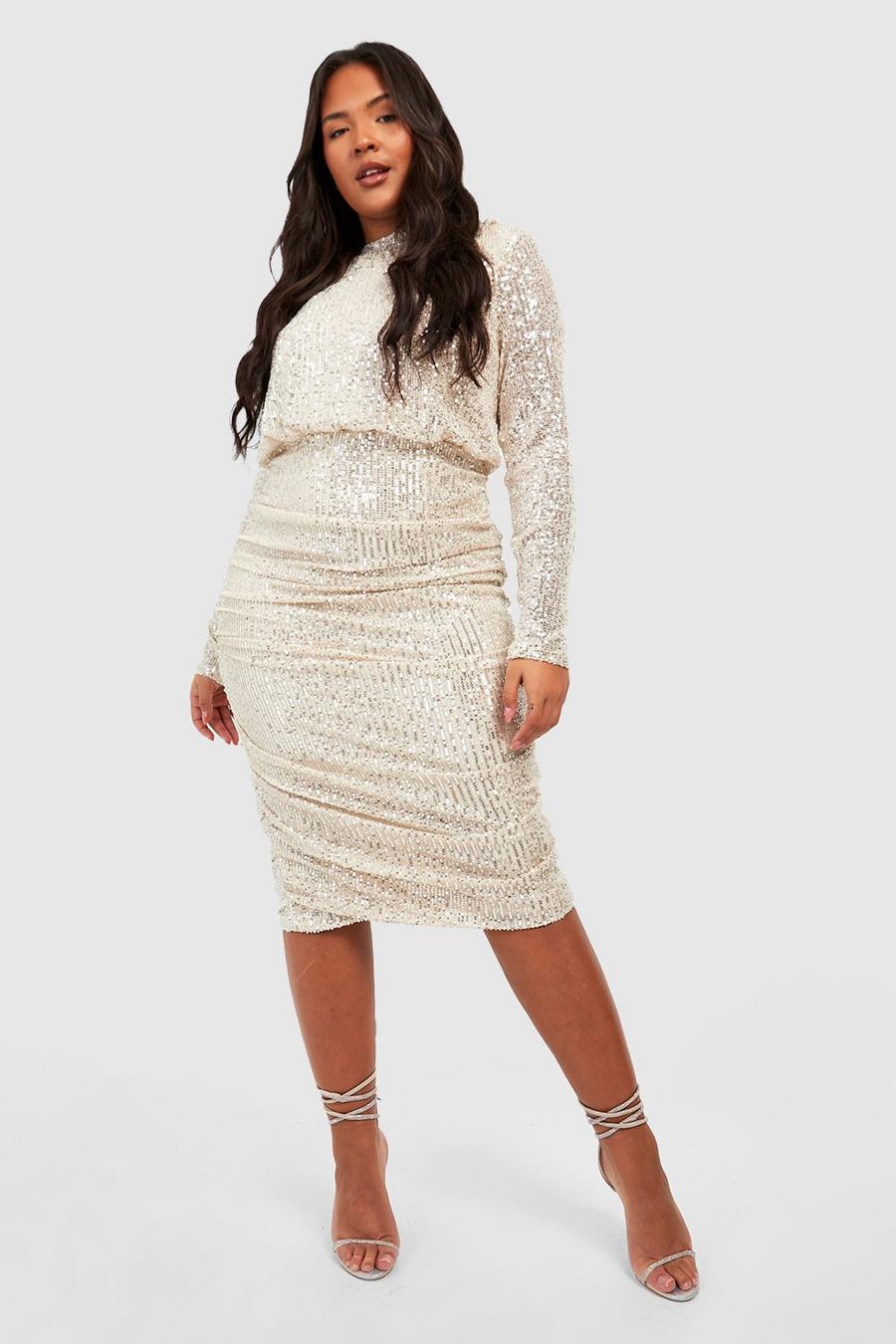 Champagne Plus Sequin Ruched Drape Midi Dress image number 1