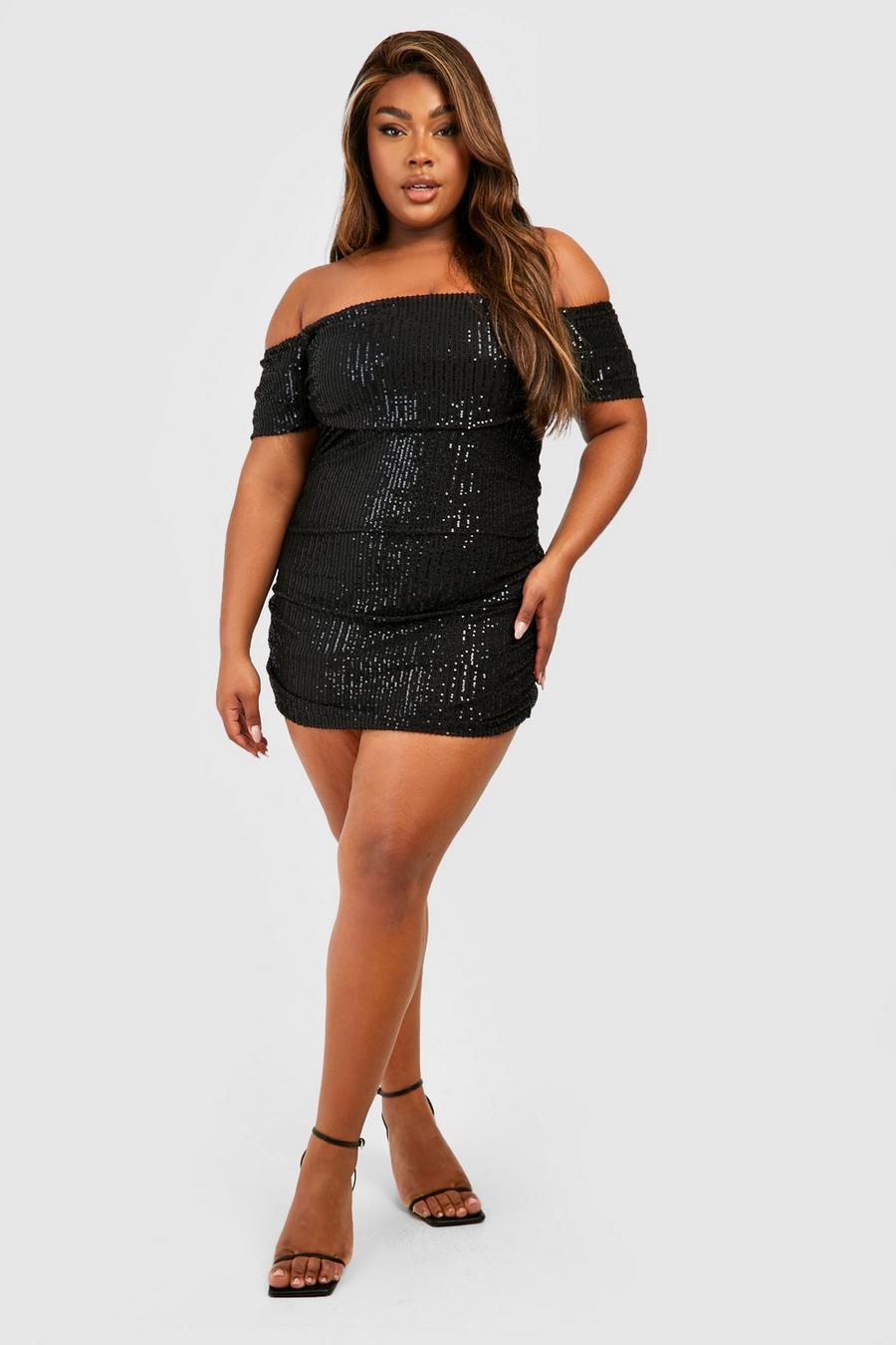 Black שמלת מיני עם כתפיים חשופות, קפלים ועיטור פייטים למידות גדולות image number 1