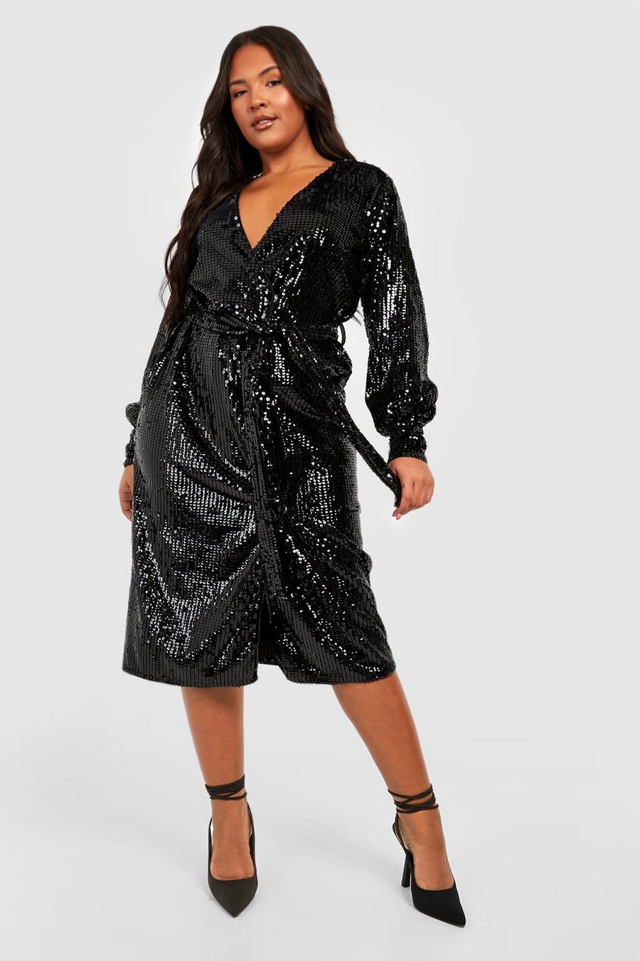 Black Plus Matte Sequin Wrap Midi Dress