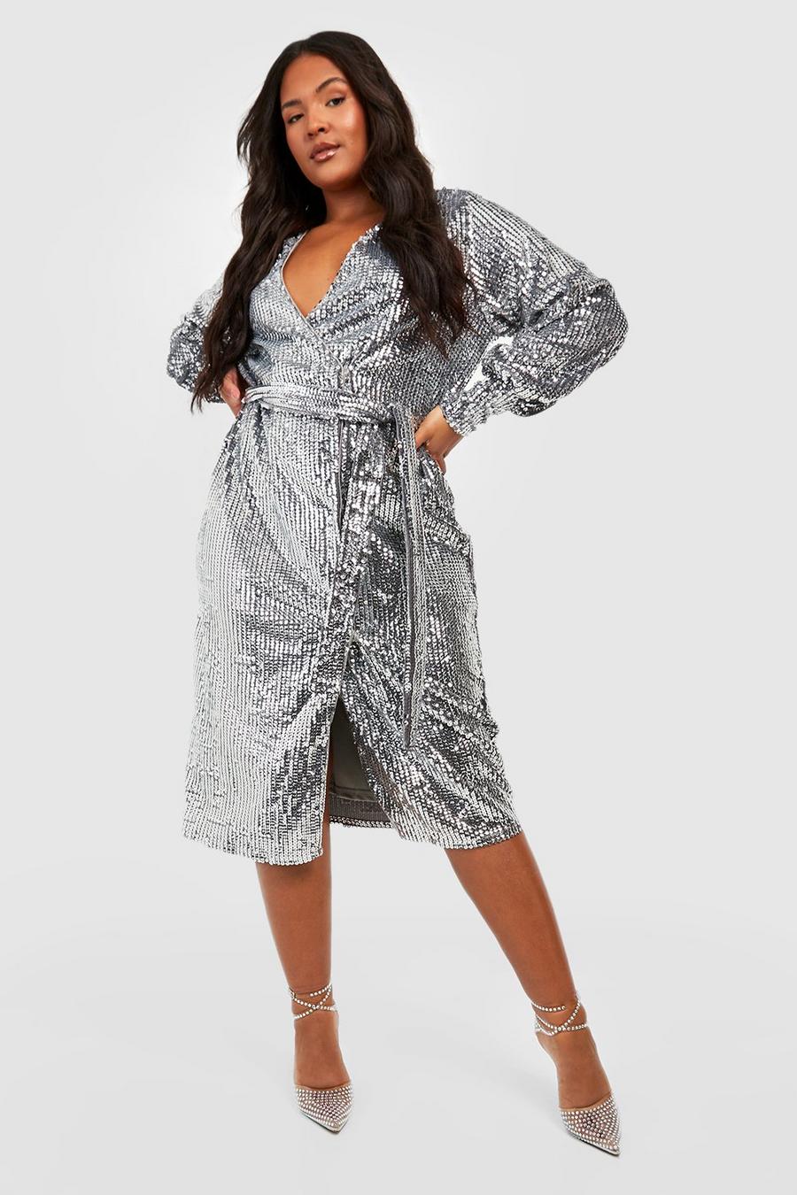 Silver Plus Matte Sequin Wrap Midi Dress