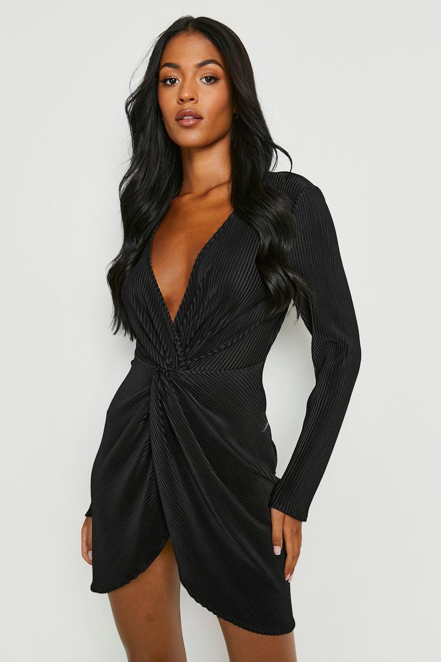 Black Tall Plisse Twist Front Long Sleeve Dress image number 1