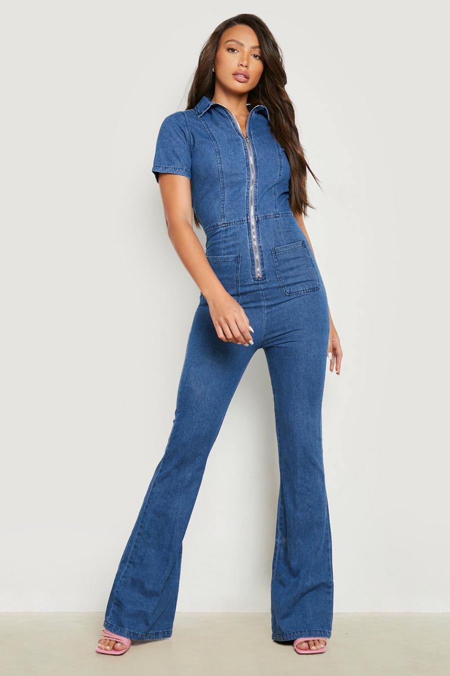 Indigo Tall Flared Denim Overall Met Rits image number 1