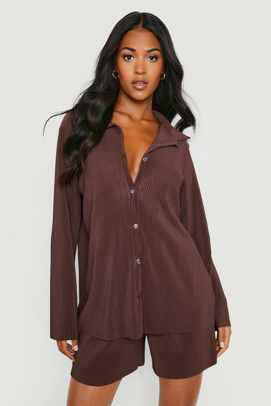 Chocolate brun Tall Long Sleeve Oversized Plisse Shirt