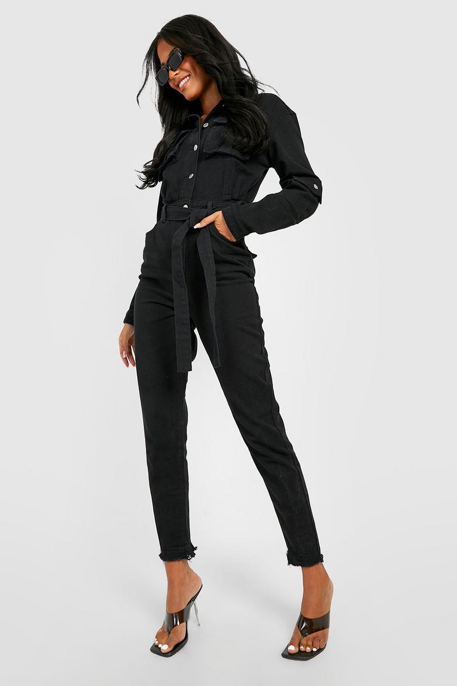 שחור סרבל ארוך מבד ג'ינס בסגנון קרגו עם חגורה וגזרת קרסול צרה, לנשים גבוהות