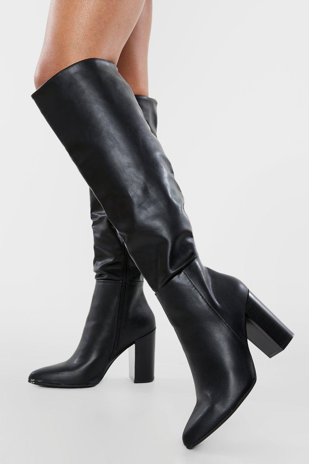 Black Leather Knee High Boots boohoo UK