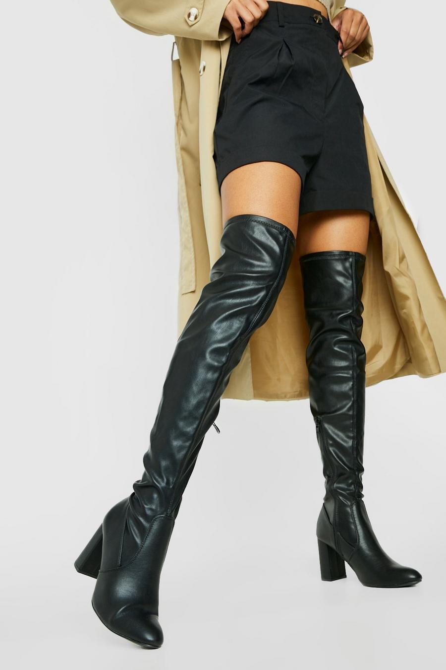 Black Thigh High Block Heel Boots image number 1