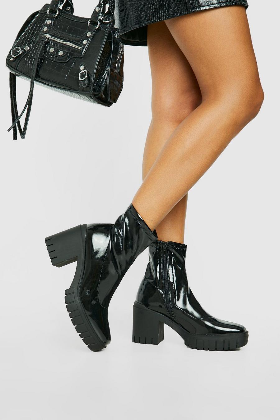 Black Crinkle Leather Heeled Sock Boots image number 1