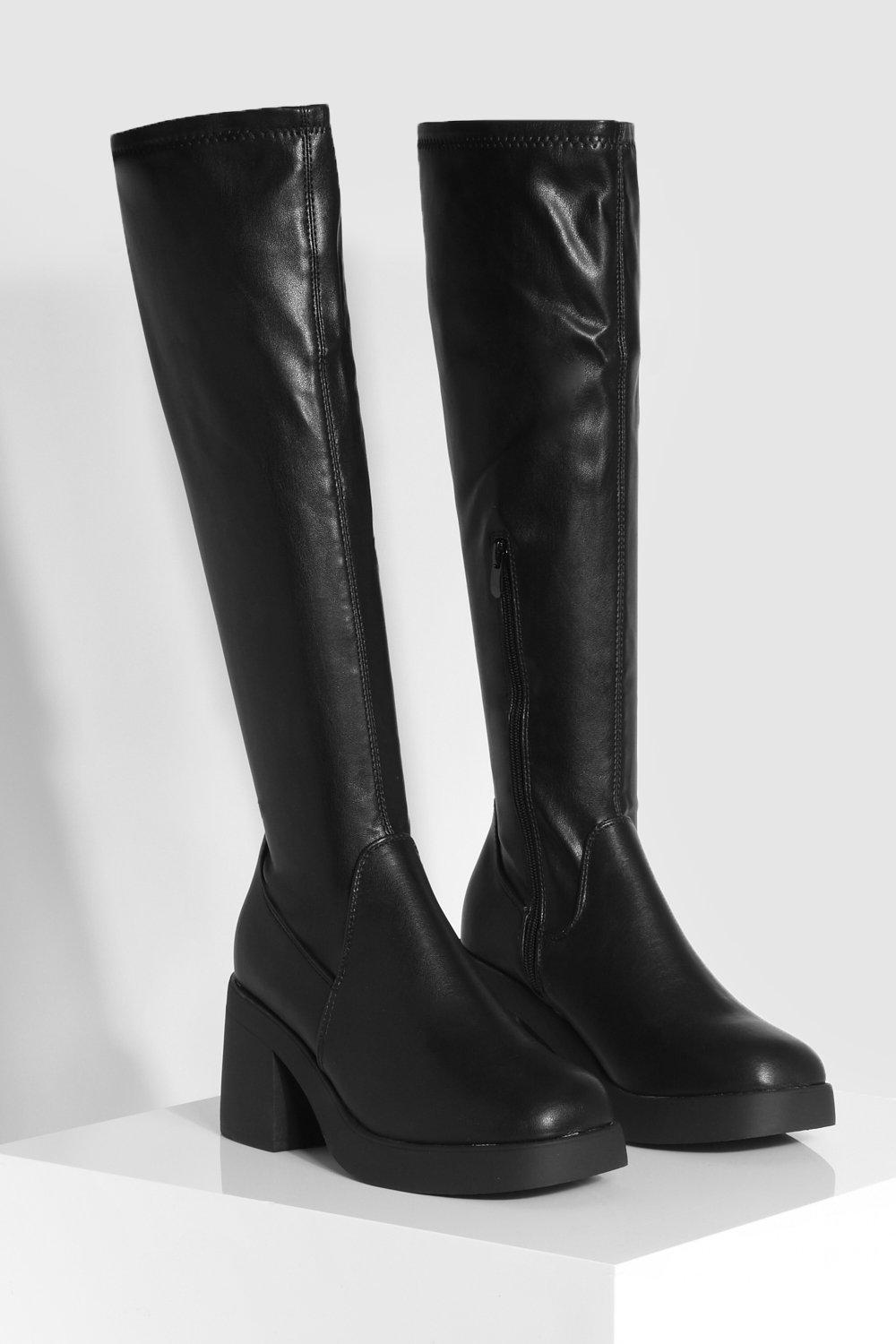 Wide Fit Stretch Block Heel Calf High Boots boohoo