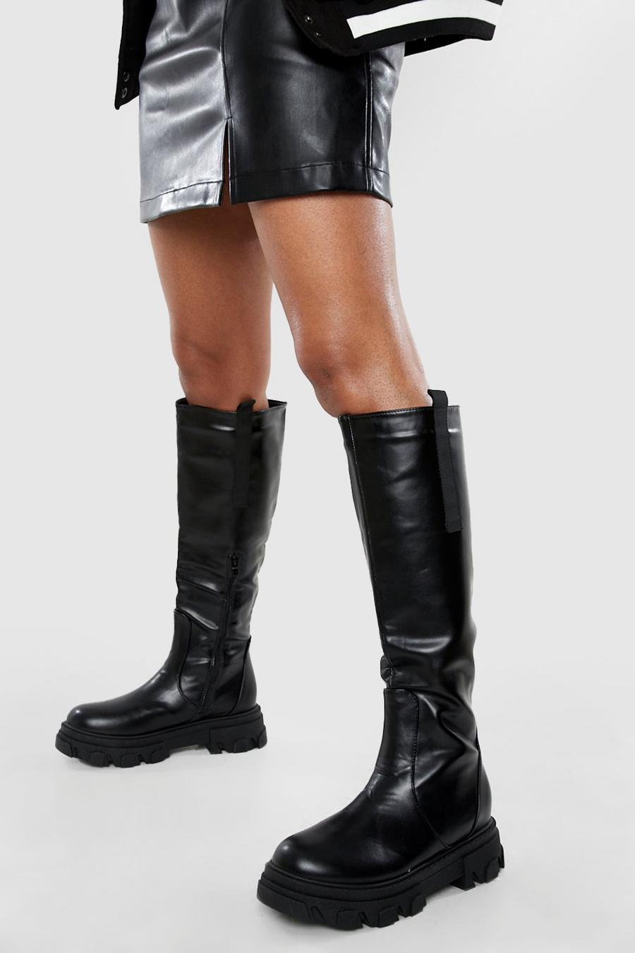 Black Wide Fit Tab Detail Chunky Knee High Boots image number 1