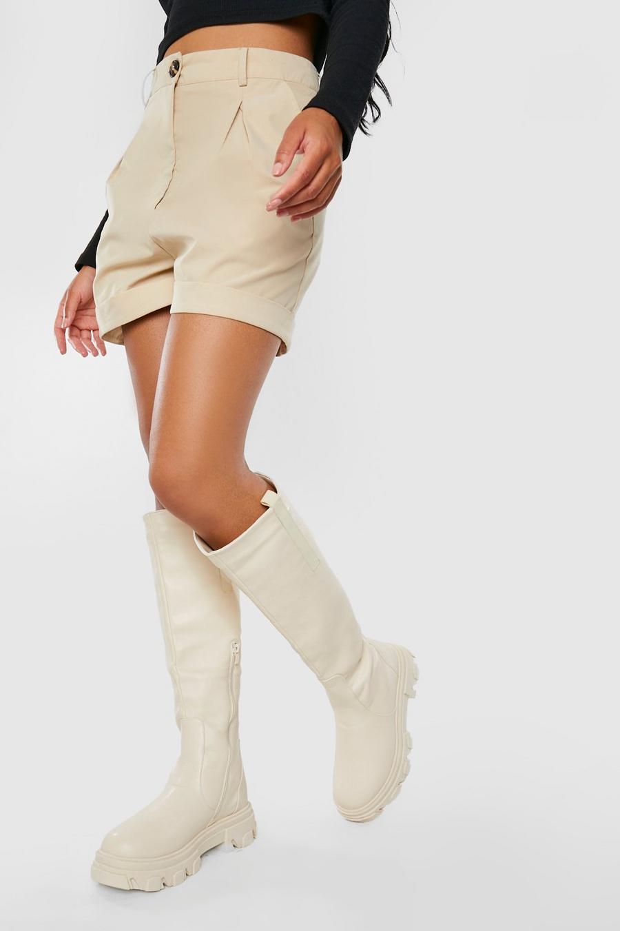 Ecru Wide Fit Tab Detail Chunky Knee High Boots image number 1