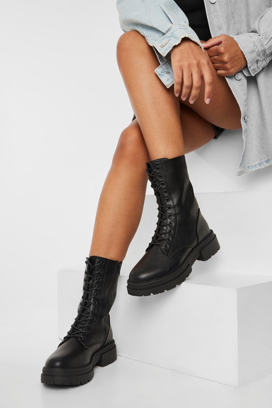 Black Lace Up Combat Boots image number 1