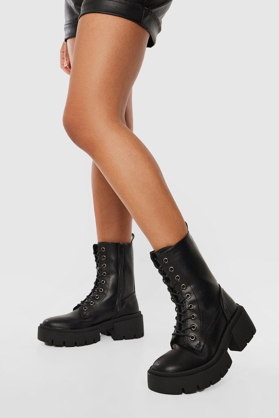 Black Chunky Heel Combat Boots image number 1
