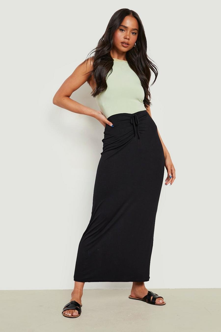 Black Petite Ruched Tie Front Maxi Skirt  image number 1