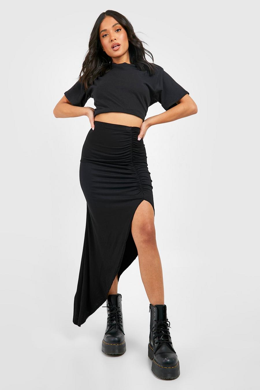 Black noir Petite Ruched Side Asymmetric Maxi Skirt