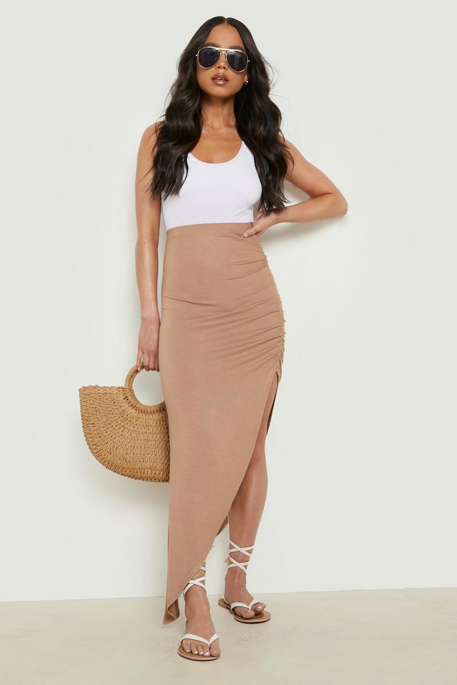 Chocolate Petite Ruched Side Asymmetric Maxi Skirt image number 1