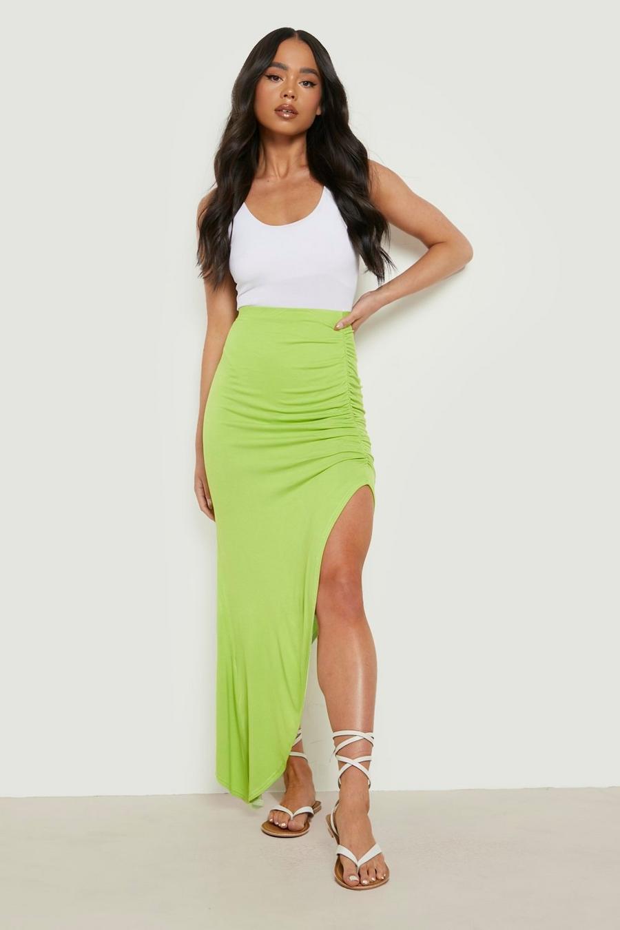 Lime Petite Ruched Side Asymmetric Maxi Skirt image number 1